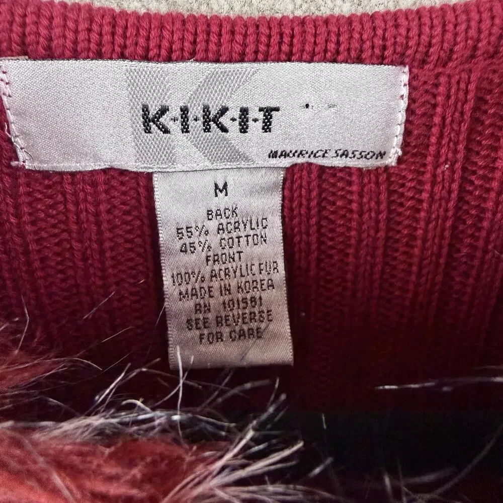 Kikit Vest Womens M Red Faux Fur Lined Full Zip Knit Short Sleeveless Casual